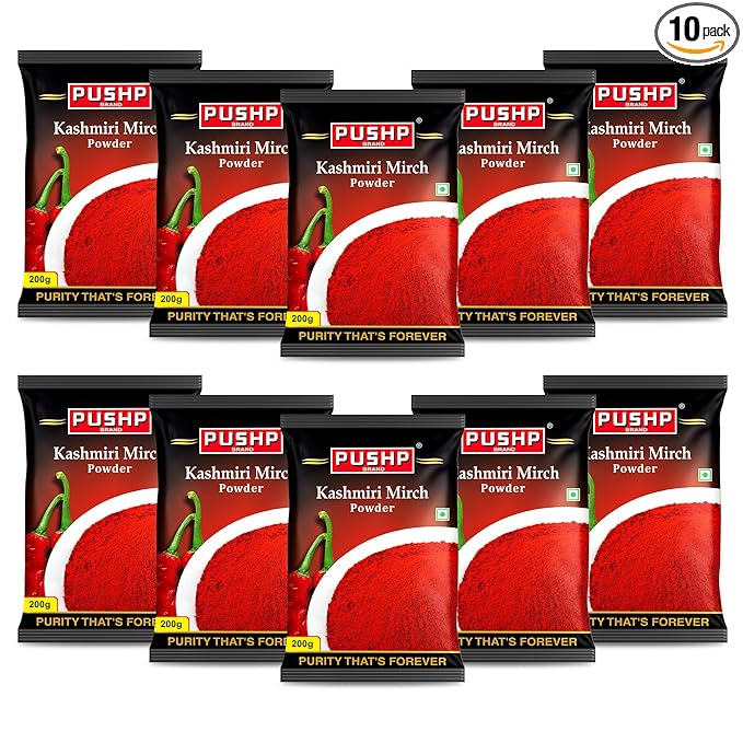 Pushp Brand Kasmiri Red Chilli Powder Pouch(Pouch Pack of 10, 200gm in each pack)