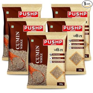 Pushp Whole Jeera | 200g Pouch | Premium Cumin Seeds | Aromatic & Flavorful | Ideal for Cooking, Tadka, Seasoning (Pack of 5)