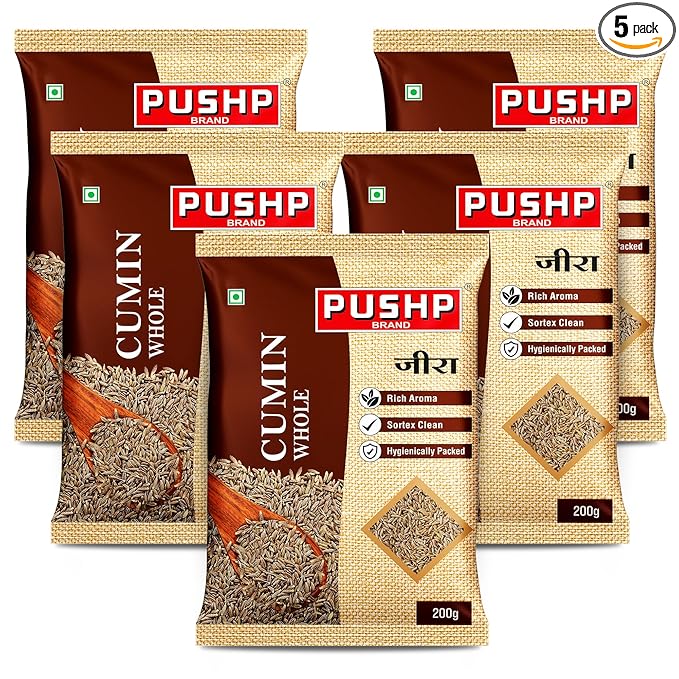 Pushp Whole Jeera | 200g Pouch | Premium Cumin Seeds | Aromatic & Flavorful | Ideal for Cooking, Tadka, Seasoning (Pack of 5)