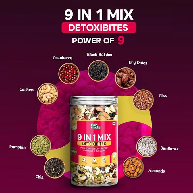 QuicSnacks 9-in-1 Mix Detoxibites Seeds 400g – Omega-3 Rich, Crunchy Vegetarian Trail Mix | Heart Health, Circulation & Energy Boost | Nuts, Seeds & Dry Fruits Snack - Image 5