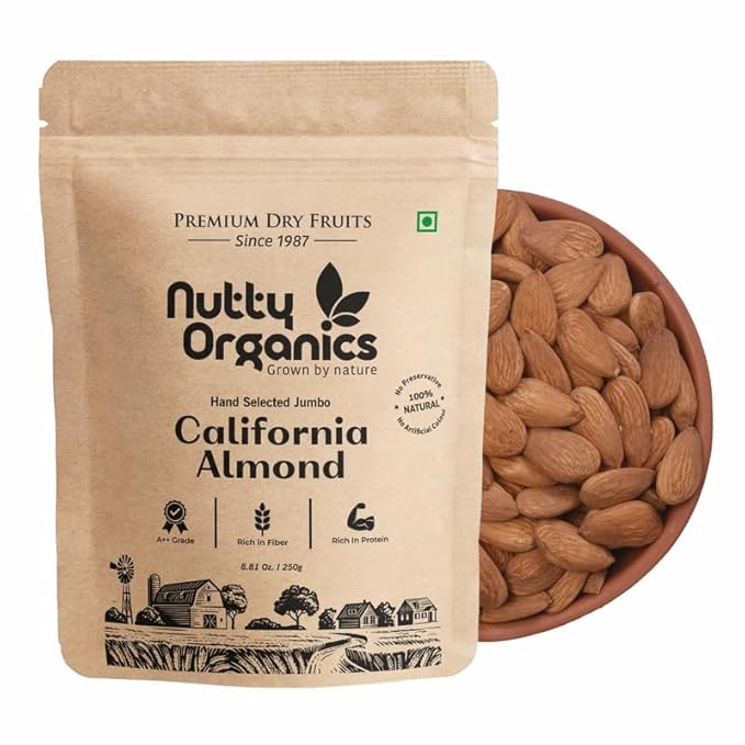Nutty Organics California Almonds 1000Gm | Hand Selected Jumbo | Tasty & Healthy | High in Protein & Dietary Fiber | Nutritious | Healthy Dry Fruit