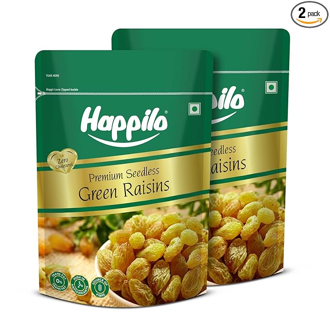 Happilo Premium Seedless Fresh Green Raisins Kishmish Nutritious Rich In Iron Value Pack 500Gram(Pack Of 2)