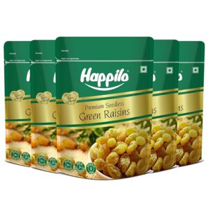Happilo Dried Seedless Green Raisins 500 gm | Dry Fruits, Healthy Snacks, Kismis | Premium Kishmish | Green Raisins | Flavourful & Delicious Snack | Dietary Fibre. (Pack of 5)