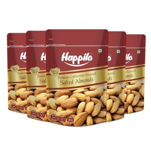 Happilo Premium Californian Almonds Roasted & Salted 200g, Dry Fruit, High Protien Snack and Super Healthy Crunchy Nuts (Pack of 5)