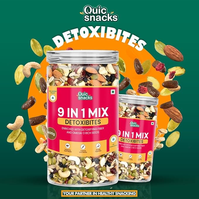 QuicSnacks 9-in-1 Mix Detoxibites Seeds 400g – Omega-3 Rich, Crunchy Vegetarian Trail Mix | Heart Health, Circulation & Energy Boost | Nuts, Seeds & Dry Fruits Snack - Image 4