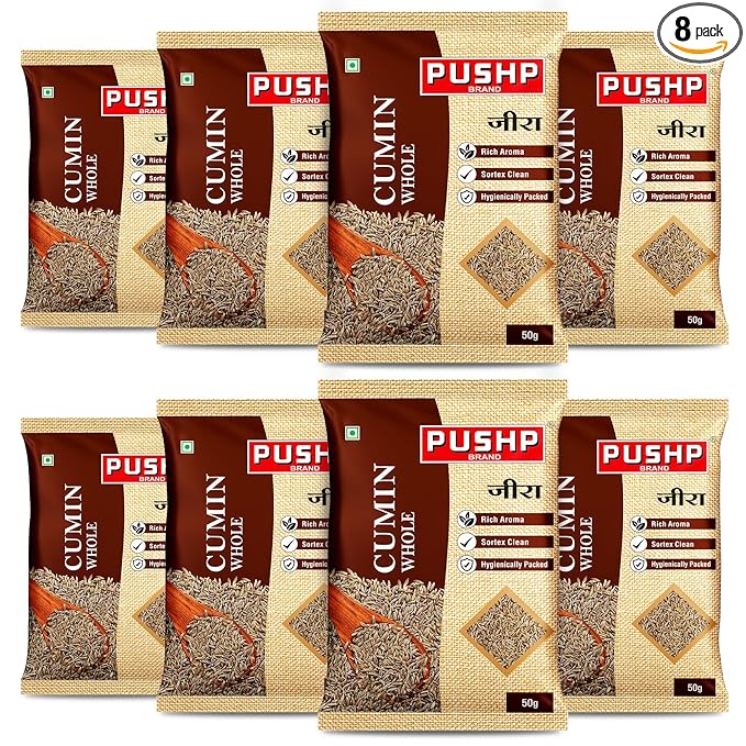 Pushp Whole Jeera | 50g Pouch | Premium Cumin Seeds | Aromatic & Flavorful | Ideal for Cooking, Tadka, Seasoning (Pack of 8)
